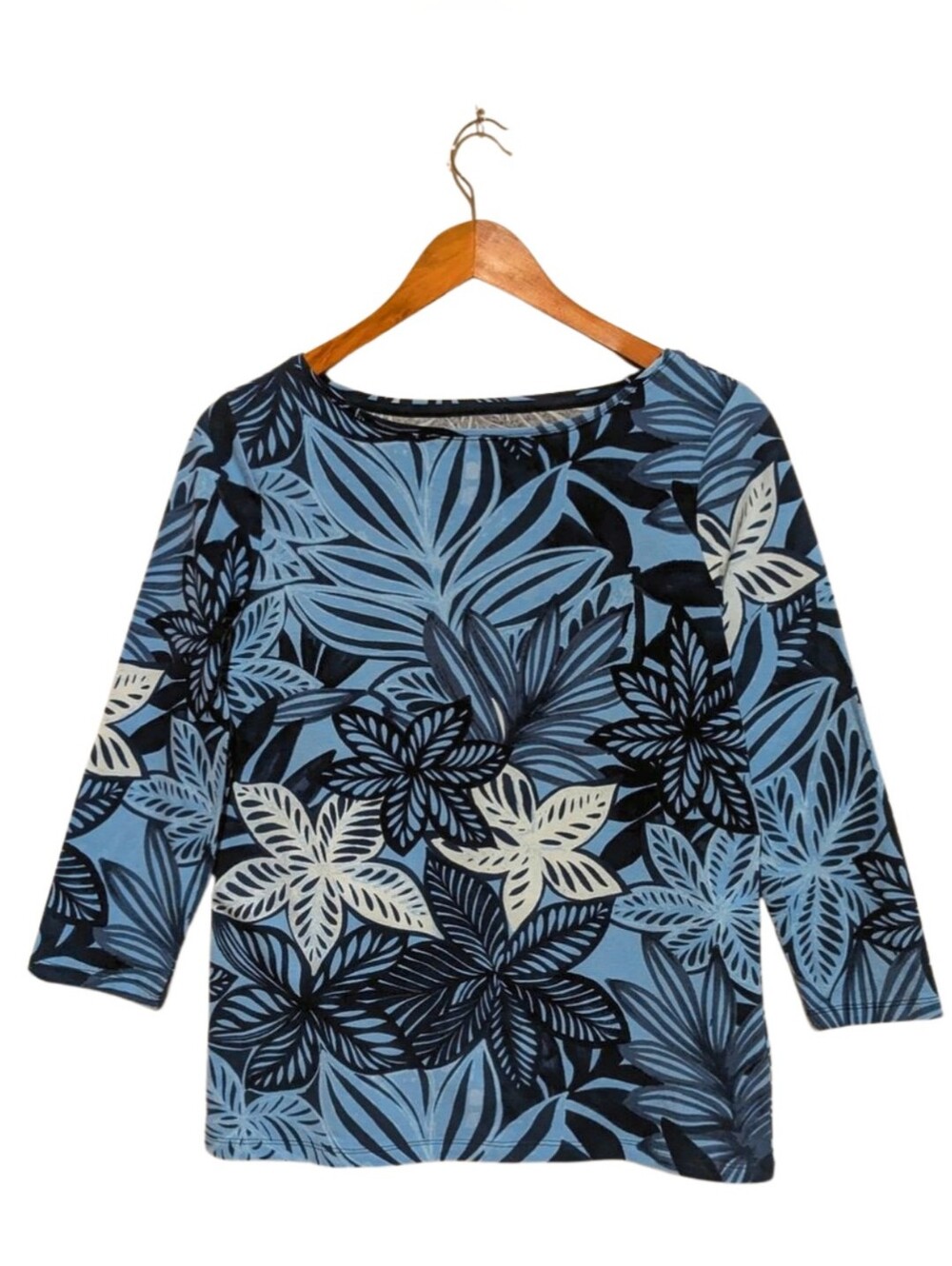 Talbots Blue Floral Boat Neck Tee Shirt 3/4 Sleeve S Cotton Spandex Blue Top